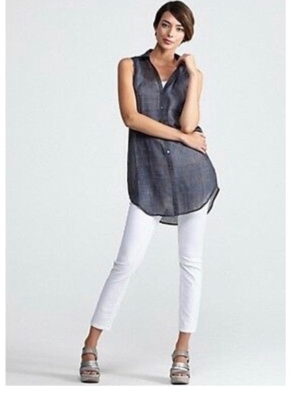 Eileen Fisher Gray Sleeveless Button-Front Linen Top Illusion Printed Ramie - Picture 1 of 6